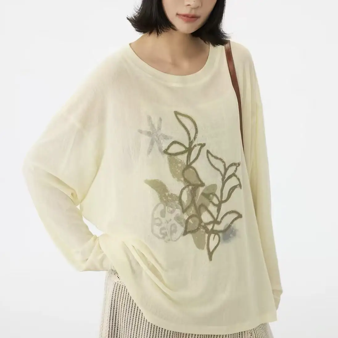 Kimotimo Autumn Snowflake Texture Knit Cover Up Women Soft Skin Friendly Botanical Hand Painted Hollow Out Loose Pullover Top