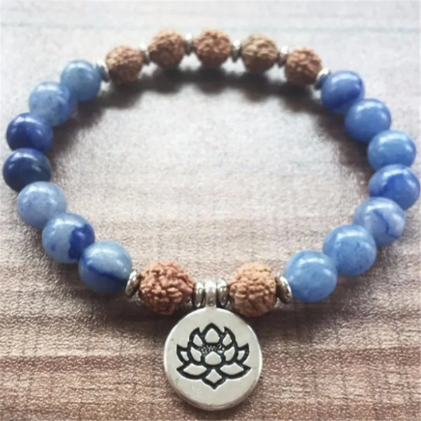 

8mm Rudraksha Blue Agate Gemstone Mala Bracelet 7.5 inches Beaded Unique Bohemian Classic Karma Cuff Prayer