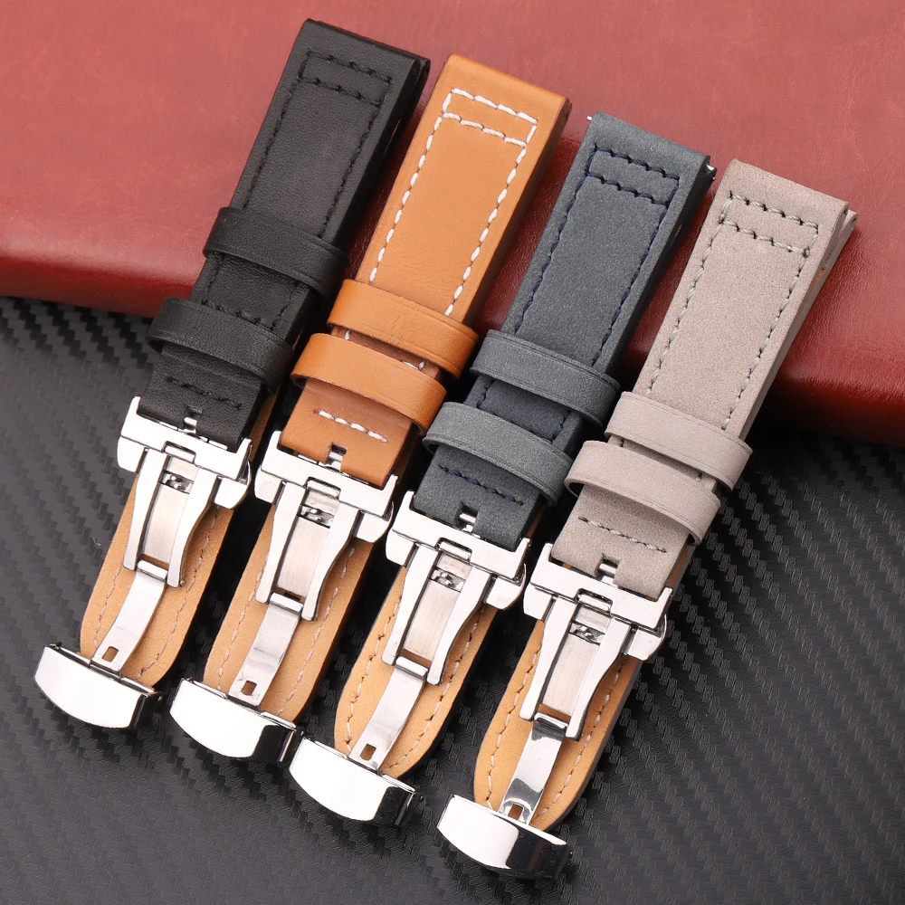 Quick Release Genuine Leather Watch Strap 18mm 20mm 22mm 24mm Dual Press Automatic Clasp Replacement Band for Men and Women