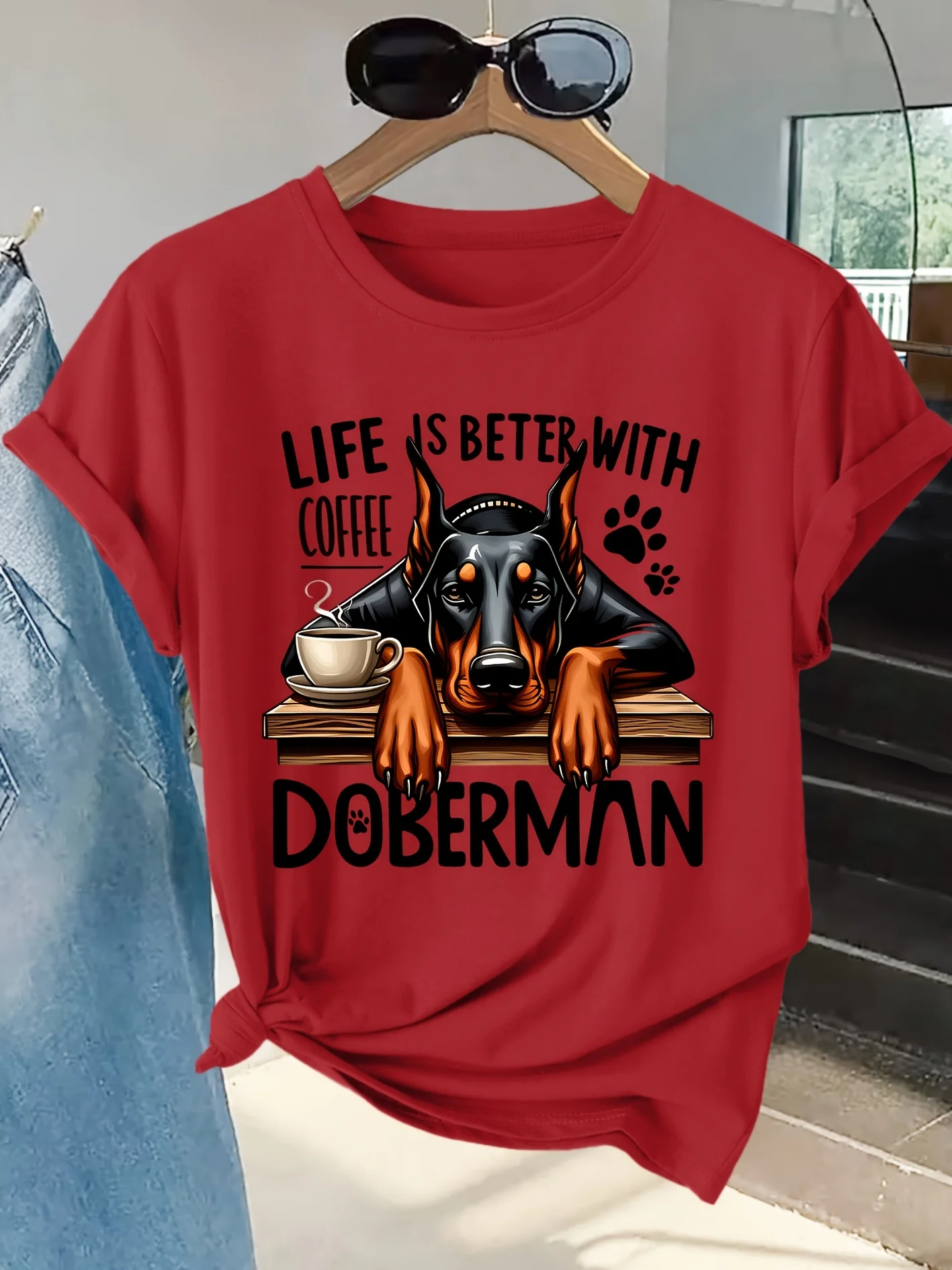 Women's T-shirt Life Is Better with Coffee&Doberman Print Round Neck Warm and Healing Casual Trend Daily Versatile Women's Top