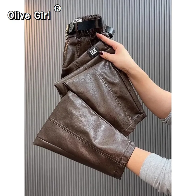 Olivegirl بنطلون نسائي مقاس كبير Y2k بنطال جلدي عالي الجودة PU غير رسمي مستقيم الساق بانت فضفاض نحيف عالي الخصر