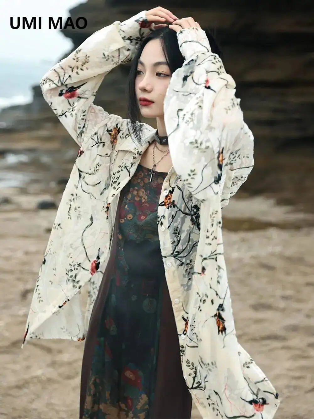 

UMI MAO New Chinese Style Top Sunscreen Shirt Coat For Women's Versatile Loose Flower And Bird Print Lazy Top Small Shirt Femme