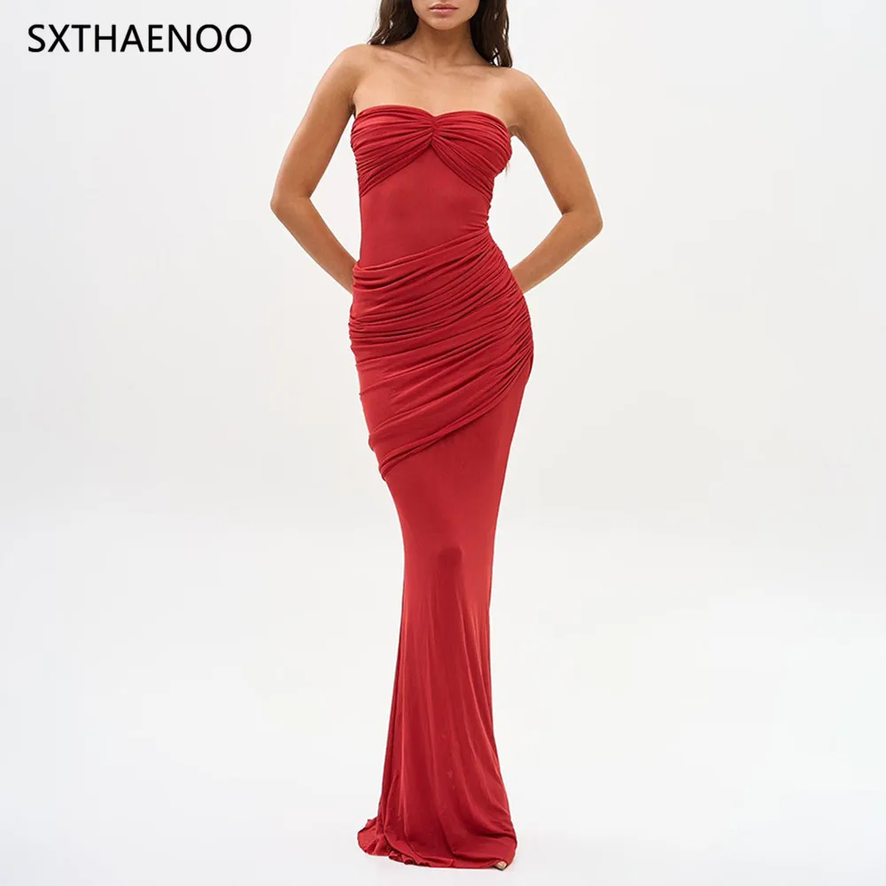

SXTHAENOO 2025 Luxury Women Sexy Strapless Ruched Mesh Red Maxi Long Bandage Dress Elegant Evening Club Party Dress Vestidos