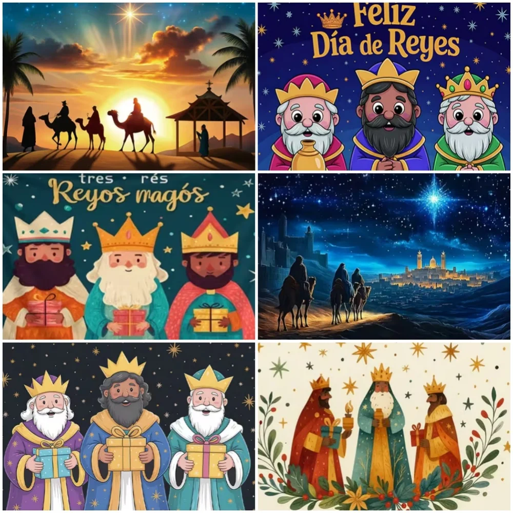 Décoration de fête du Nouvel An espagnol (Fête des Trois Rois) – Toile de fond religieuse des Trois Mages et Jésus – Bannière et accessoires pour salle d'exposition
