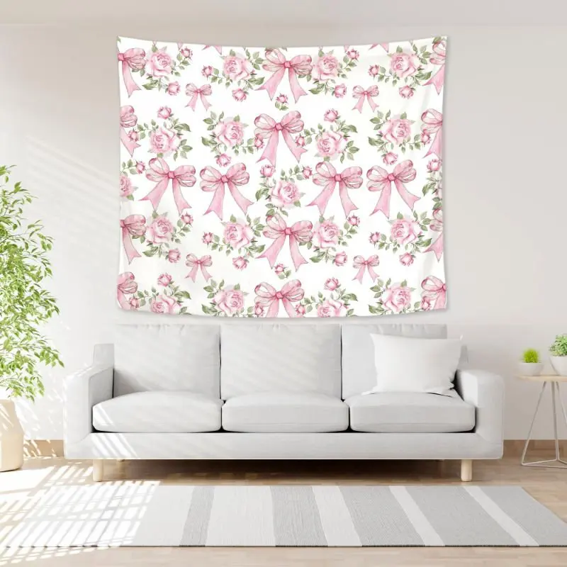 VIKAMA Pink Watercolor Bow Tapestry Wall Hanging You Are So Loved Coquette Ribbon Aesthetic Wall Art Girls Room Decor