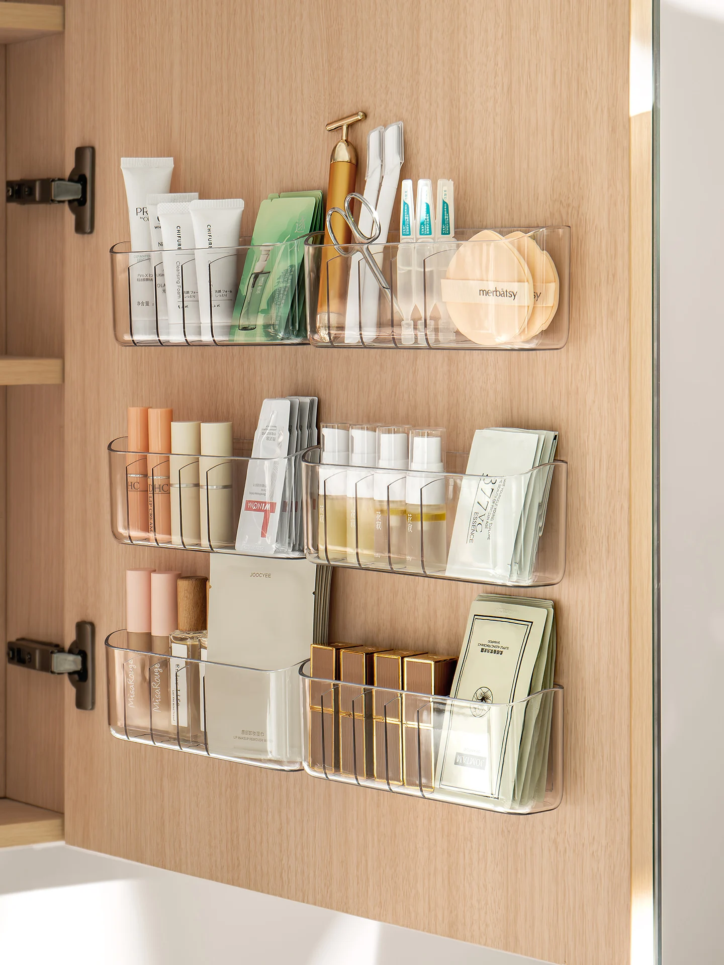 Transparent Cosmetic Storage Box Mirror Cabinet Internal Organization Carentalized Display elf Lipsti Puff Organizer