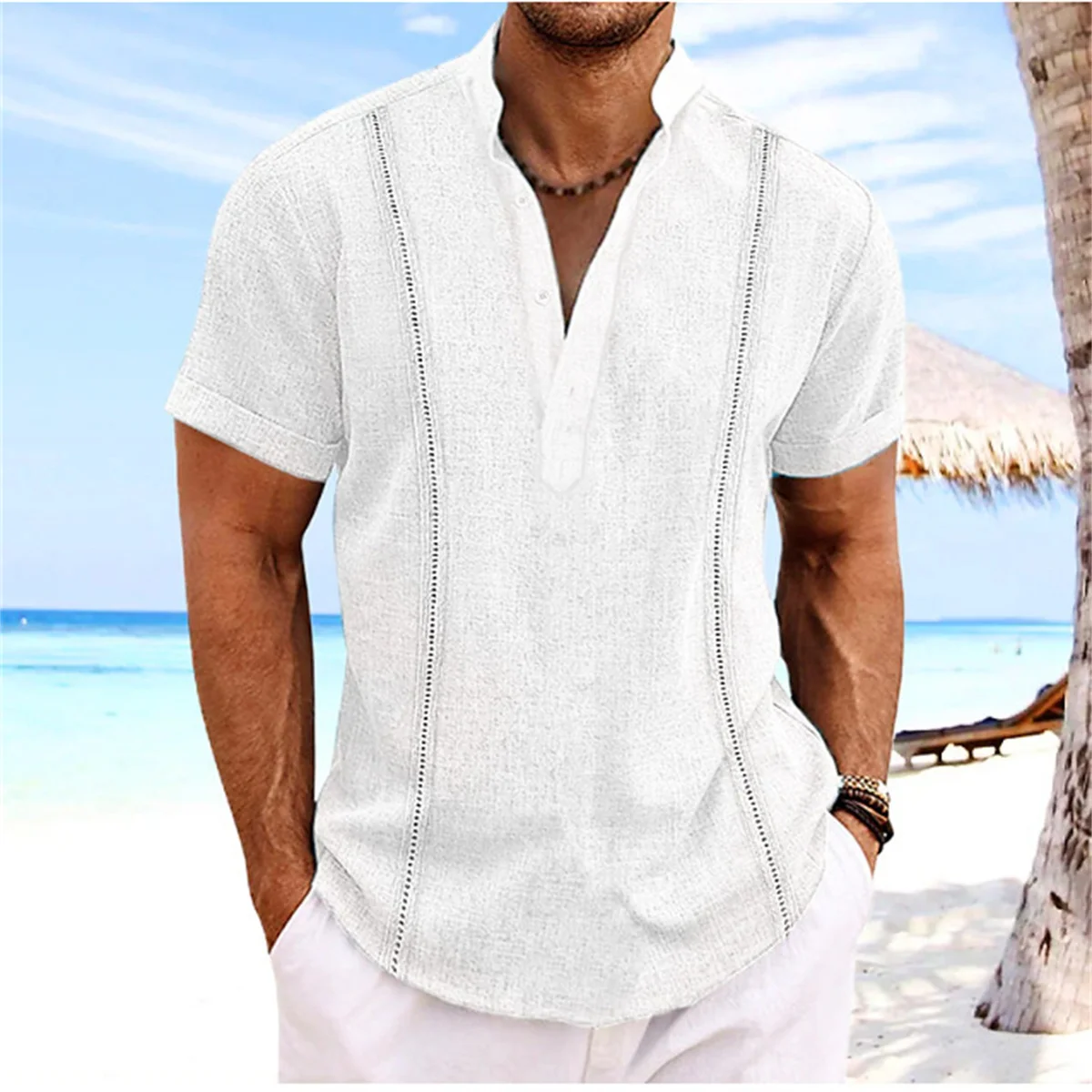 Semplice casual estivo da uomo da spiaggia senza colletto in cotone e lino tinta unita manica corta traspirante stile cubano pullover unico