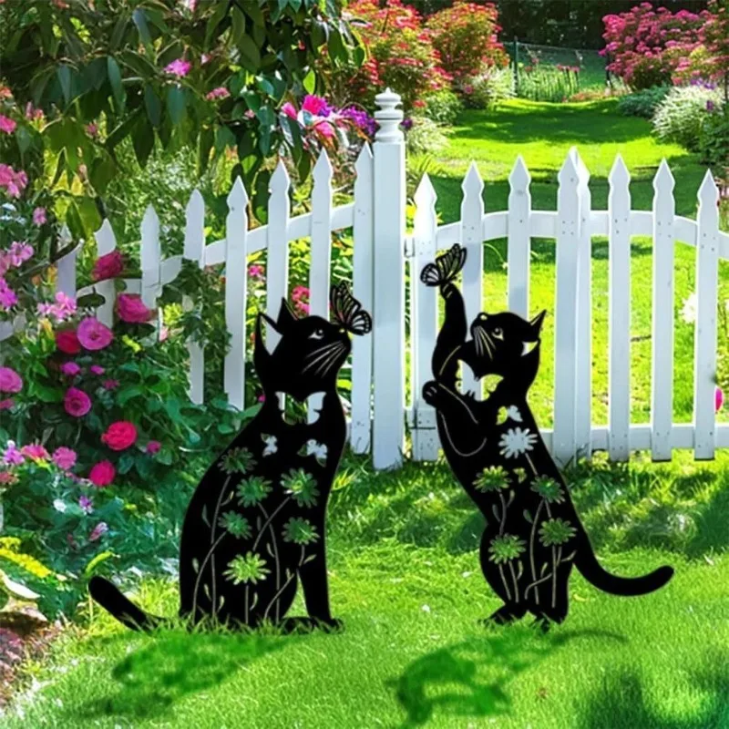 Set of 2 Black Cat Silhouette Garden Stakes, Outdoor Ground Insert Statue, Backyard Memorial Lawn Decoration