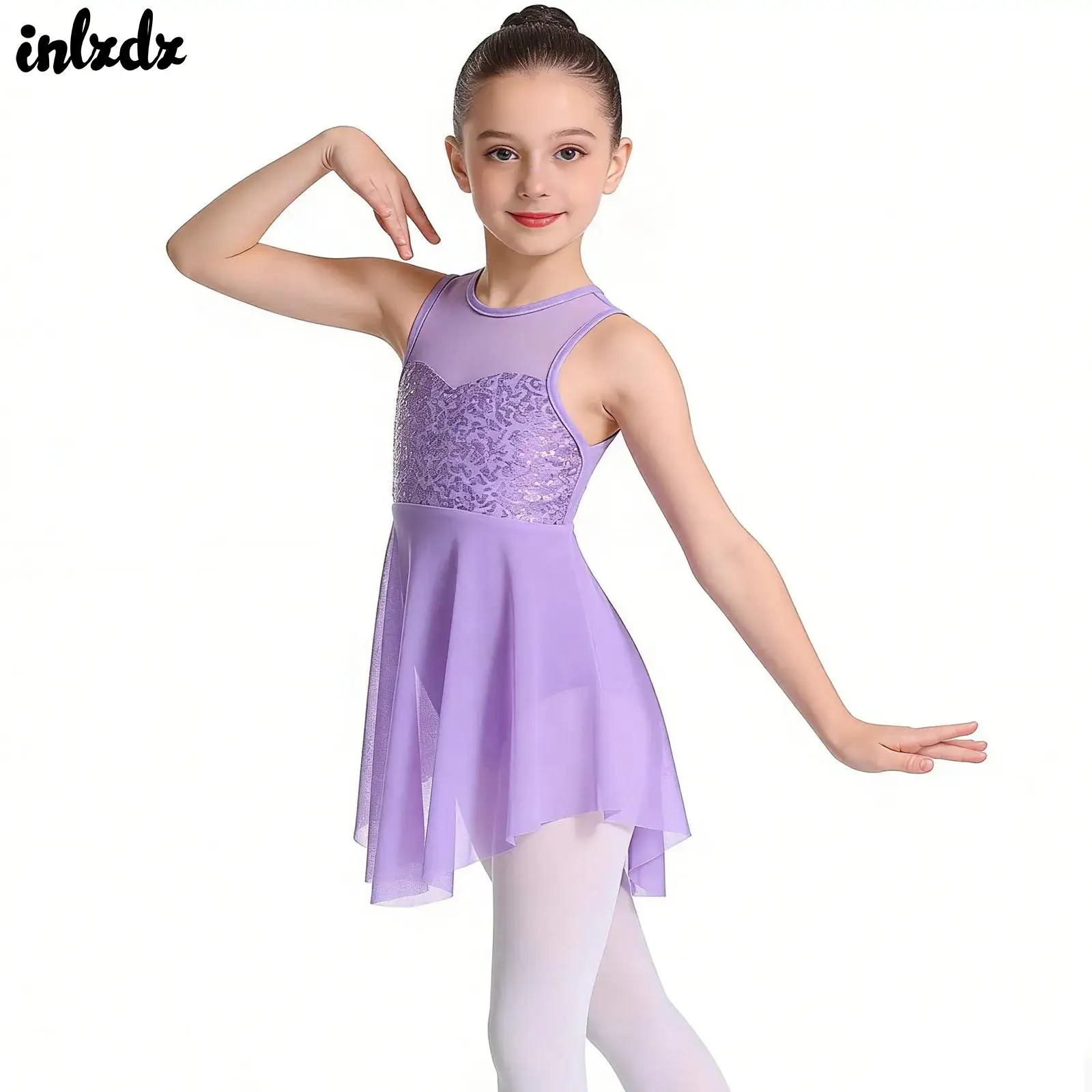 

Kids Girls Sequins Gymnastics Ballet Leotards Lyrical Dance Dress Criss-Cross Back Irregular Hem Dress Performance Costume