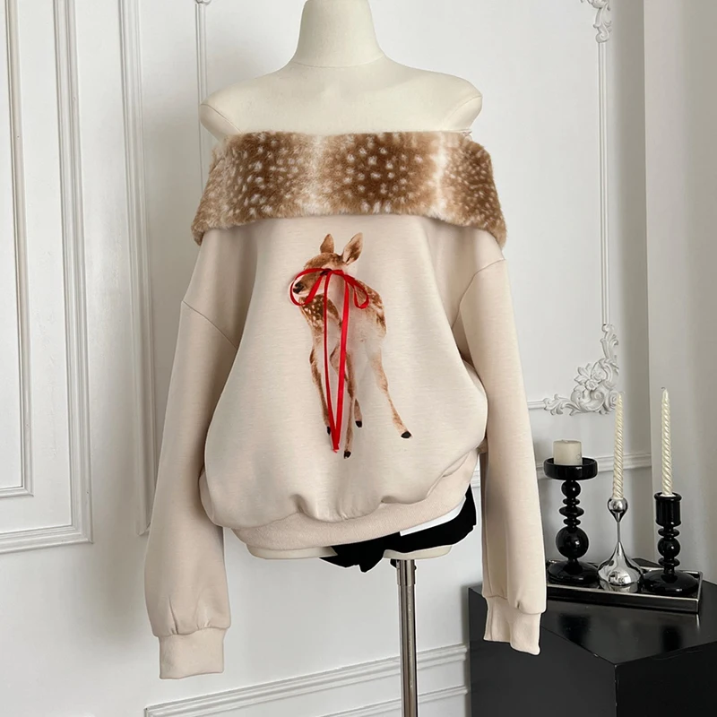 Furry Collar Slash Neck Long Sleeve Sweater Deer Printed Lace-up Pullovers Autumn Winter Fashion Loose Casual Tops Jumper