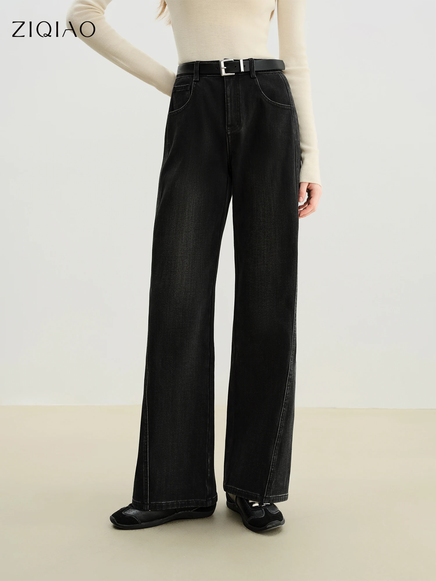 ZIQIAO Women's Warm Heat-Retaining Straight Leg Jeans with Side Seam Stitching New Winter Style 2025 Plus Velvet Fleece Lining