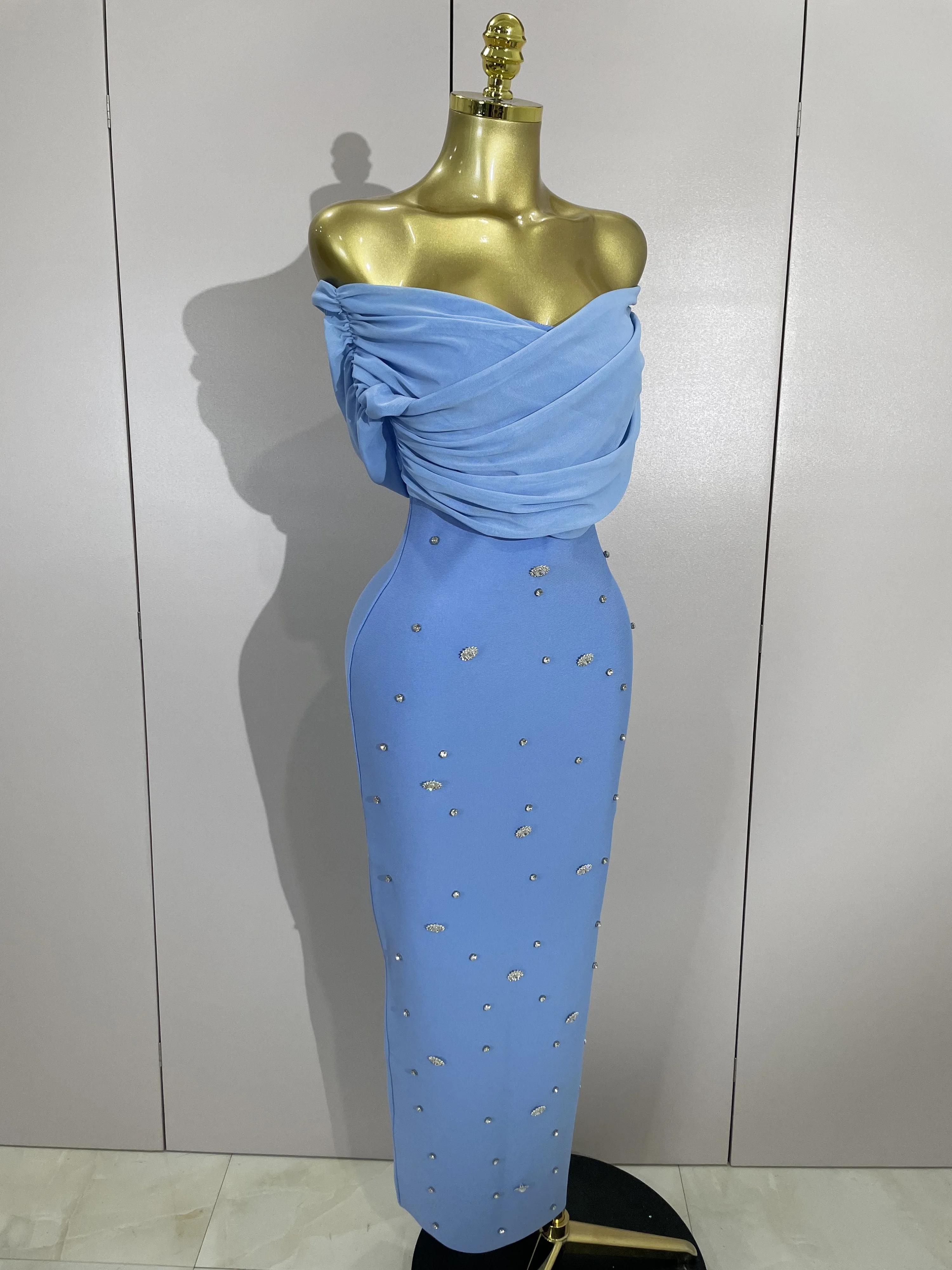 Shining คริสตัลเซ็กซี่ปิดไหล่ Bodycon BANDAGE ชุดยาวผู้หญิงฉลองวันเกิด Elegant Evening PARTY Club ชุด