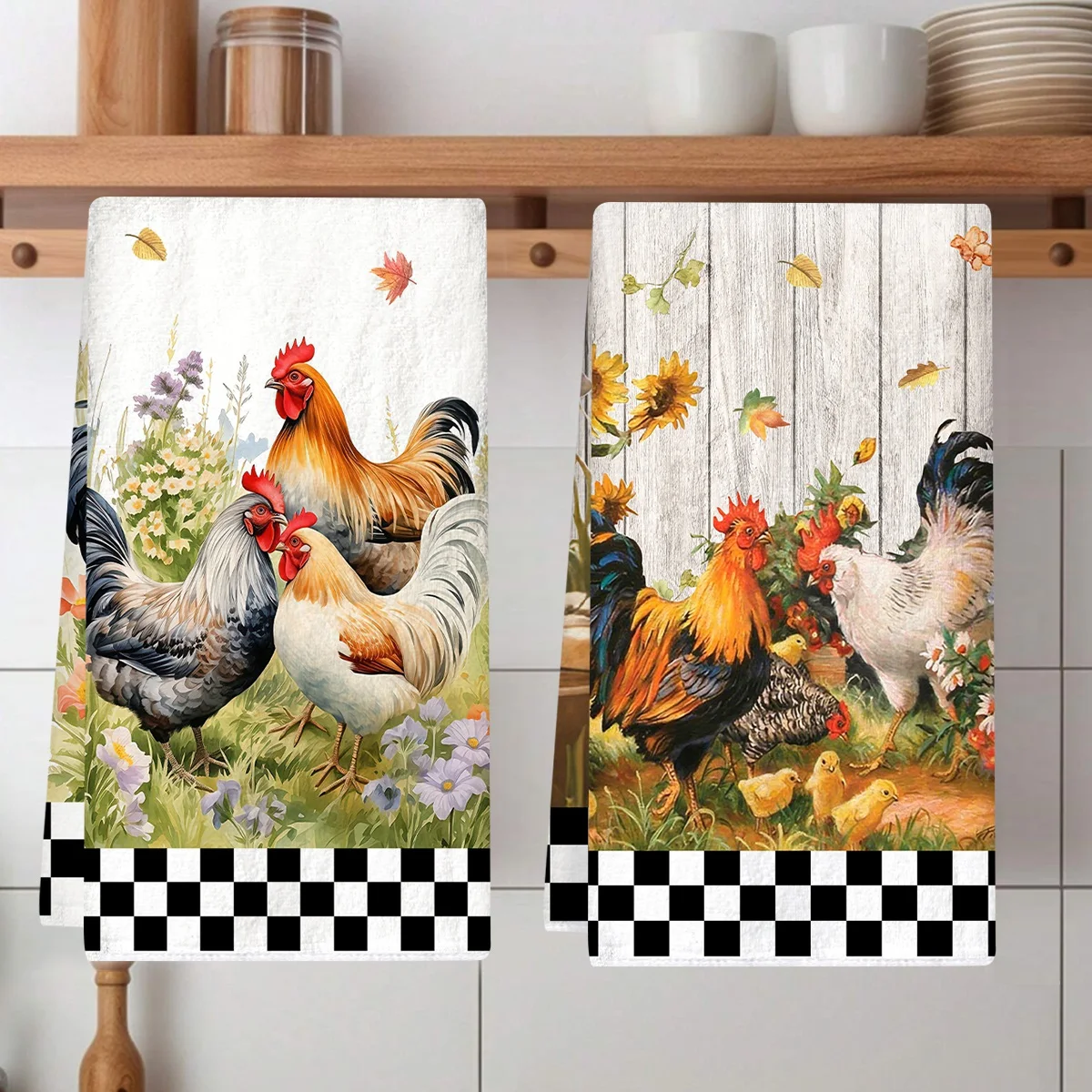 Paquete de 2 Toallas de Cocina con Diseño de Gallo y Gallina, Toallas de Verano para Secar Platos, Decoración Rústica para el Hogar, Artículos Festivos, Regalos para Días Festivos