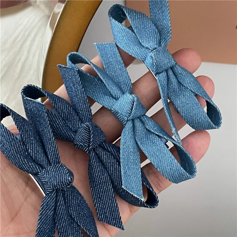 Fashion Personality Denim Blue Fabric Bow Barrettes a Pair of Hairclips Side Shredded Hair Bangs Clip Duckbill Clip New