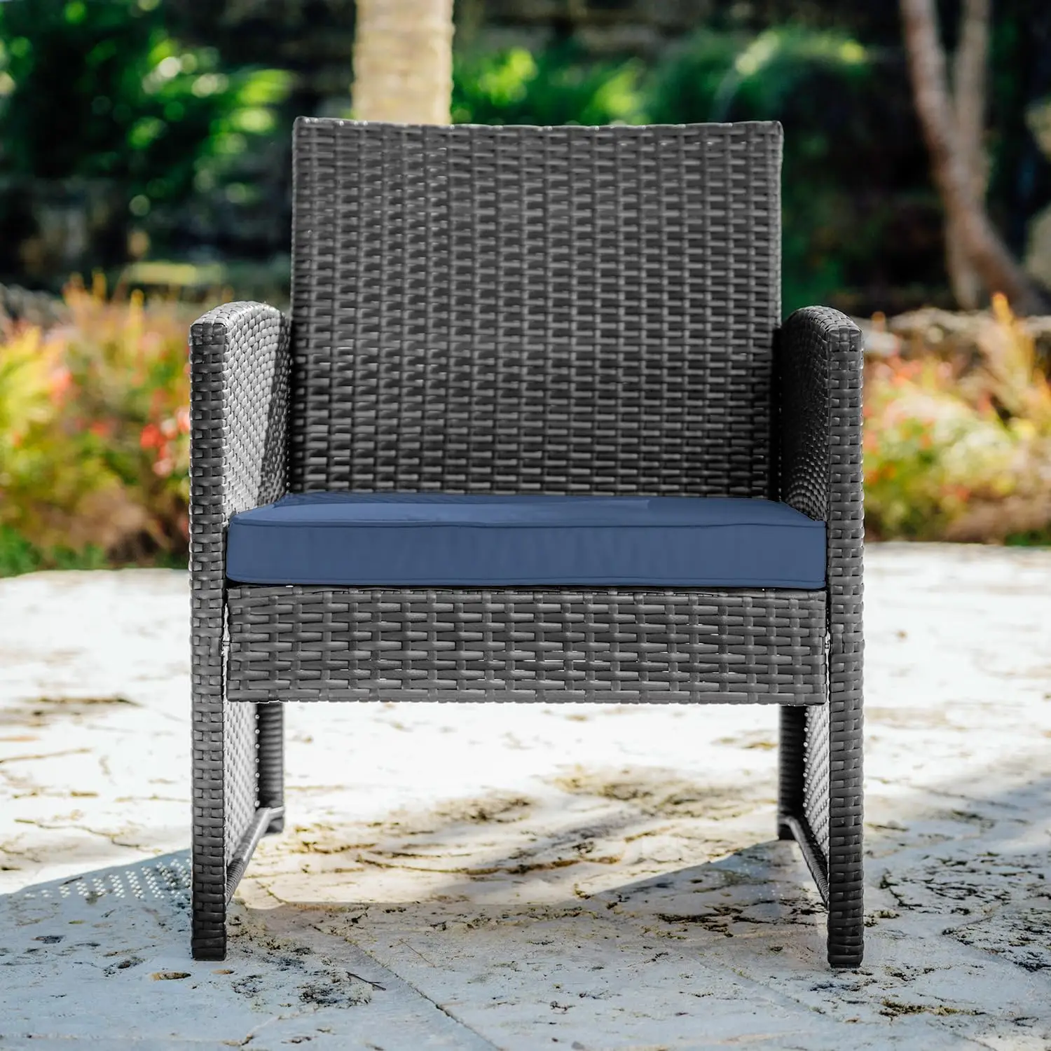 3 Piece Wicker Patio Bistro Set, Grey/Navy, Ideal for Front Porch and Outdoor Conversation