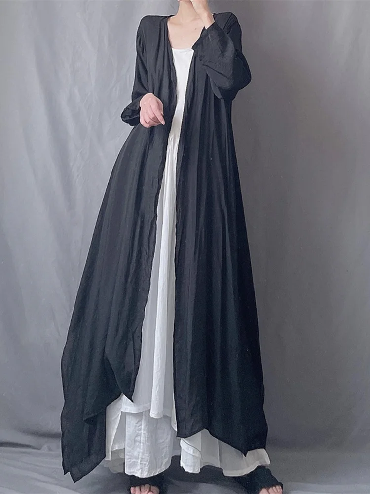 

Minimalist One-Button Long Asymmetrical Cotton Linen Women's Summer Lightweight Loose Outerwear Windbreaker Casual Style V-Neck