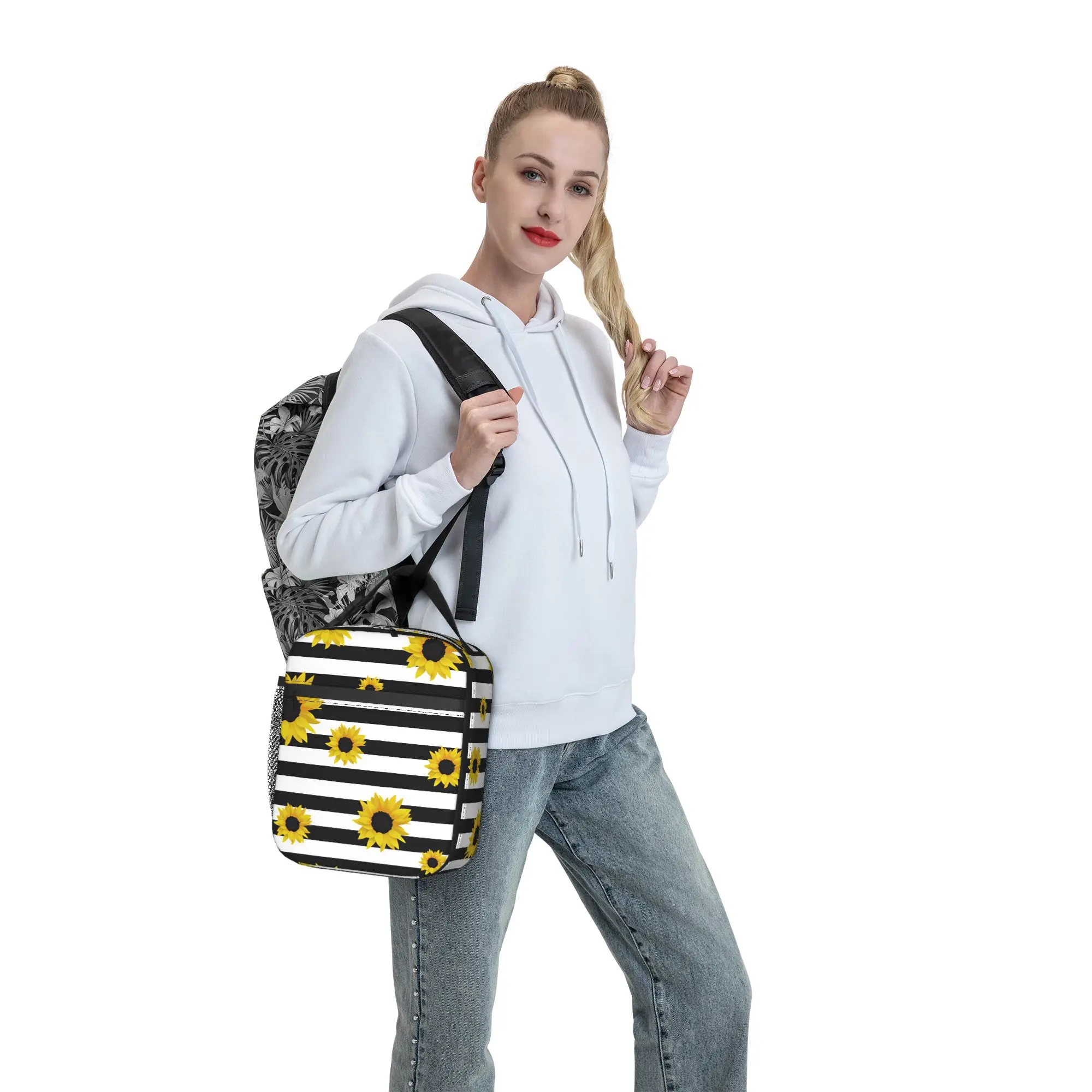 Sunflower Monochrome Stripes Lunch Bag For Child  Print Picnic Lunch Box Cute Portable Oxford Cooler Bag