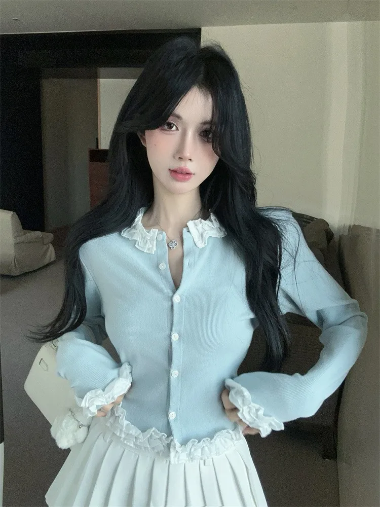 

Blue Knitted Short Cardigan Women's Autumn Winter Pure Desire Spicy Girl Lace Base Shirt Inner Wear Sweater Commute Style Kor...