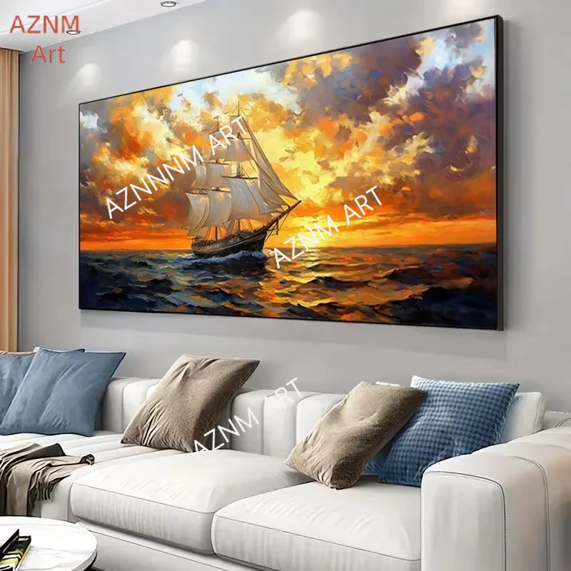 1PC ，Retro oil paintings of sailboats on the sea Canvas Painting Art For Living Room Modern Canvas Poster for Bedroom