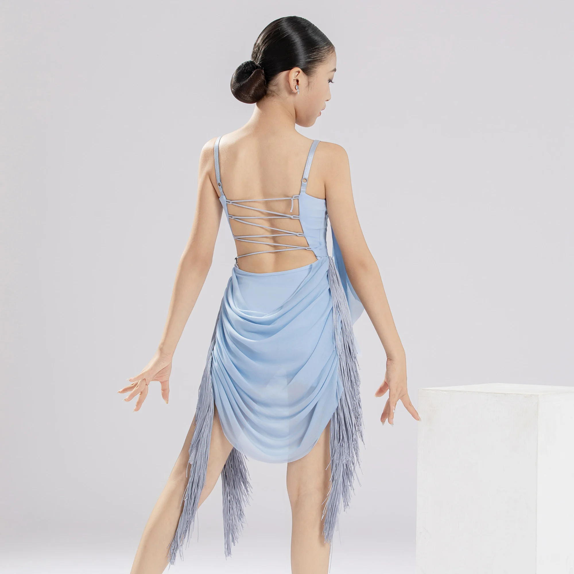 Children's Latin Dance Dress with Hollow Out Backless Mesh and Tassel Dancing Dresses for Practice Performance Costume
