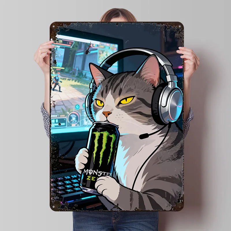 Póster Metálico Personalizado de Gato Gamer con Lata de Bebida Energética Monster, Arte de Pared Retro Vintage, Letreros Metálicos para Habitación de Fans, Decoración del Hogar, Decoración de Pared