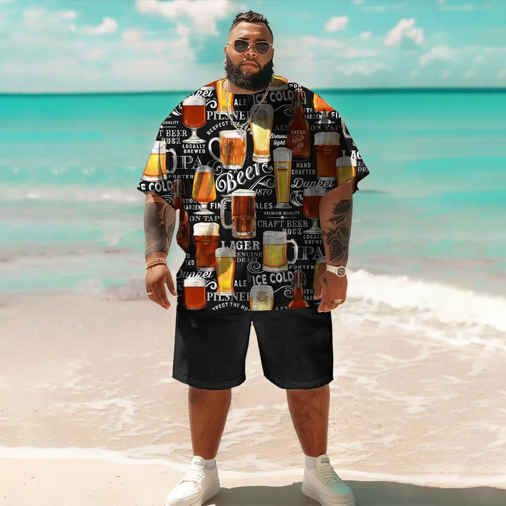 

Мужской комплект с короткими рукавами больших размеров S-9xl: Vibe в стиле пива — большая и высокая посадка из двух предметов, мягкая дышащая ткань, тонкие принты кружек,