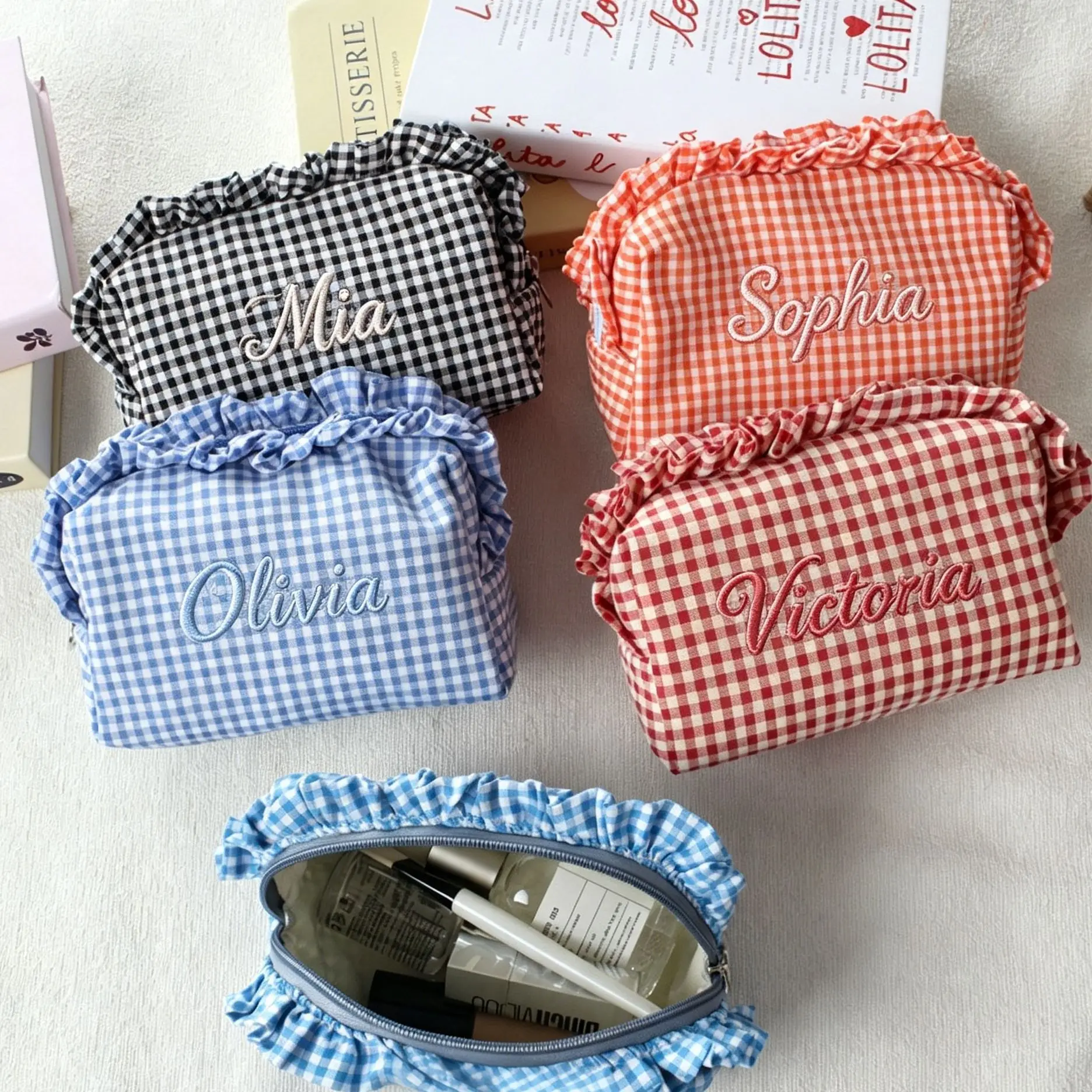Personalized Embroidered Name Gingham Makeup Bag, Ruffle Trim Cosmetic Pouch, Portable Handbag, Cute Stationery Bag,