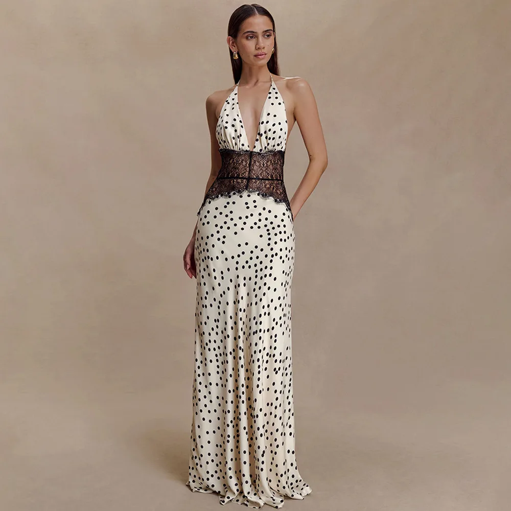 

Высокое качество, хит продаж, оптовая продажа, летняя новая элегантная шелковая длинная юбка с глубоким V-образным вырезом, сексуальное женское платье с подвесным вырезом и талией