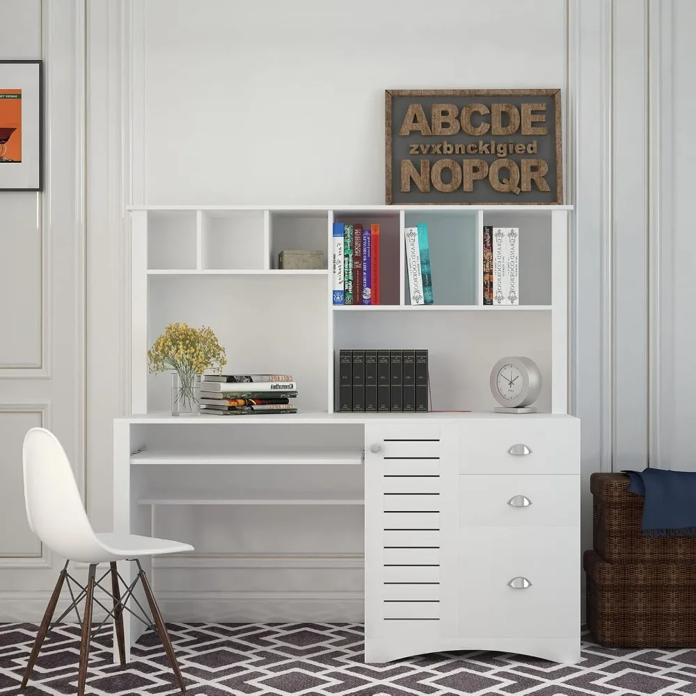 

Large Desk with Hutch, Suitable for Office, 2-tier Open Shelf and 3 Large Drawer, Computer Desk for Bedroom, Computer Desk
