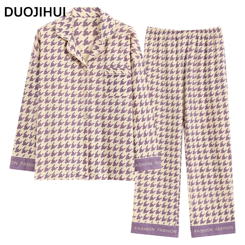 DUOJIHUI Two Piece Fashion Printing Casual Pajamas for Women Autumn with Chest Pad Cardigan Simple Pant Loose Female Pajamas Set