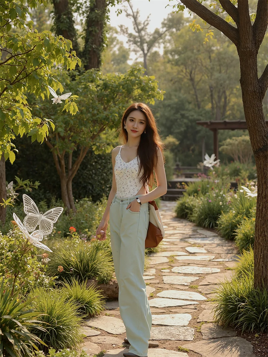 

Floor Wide Leg Distressed Jeans Womens Boyfriend Cropped Artistic Rivet Panelled Zipper Button Fly Summer Modern Soft Loose