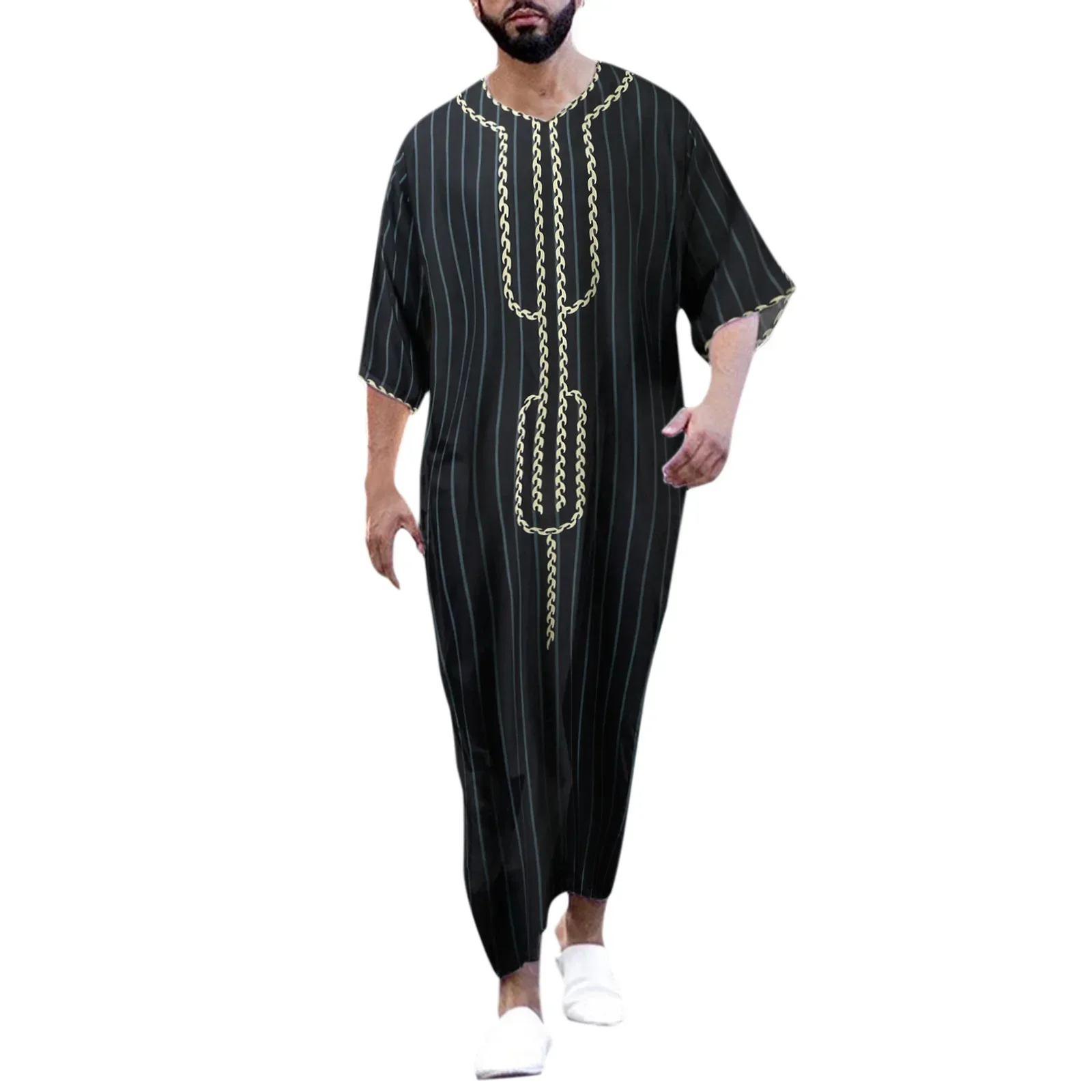 

2024 Islam Men Clothing Kaftan Muslim Fashion Robe Embroidered Loose and Breathable V-neck Mid-sleeve Robe Man Muslim Dress Eid