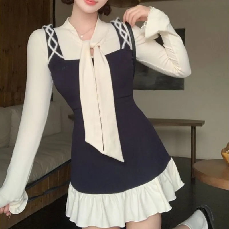 Female Clothing Gentle Mini Dress Fake Two Pieces Spring Autumn Contrasting Colors Aura Scarf Collar Stylish Drawstring Dresses - Image 3