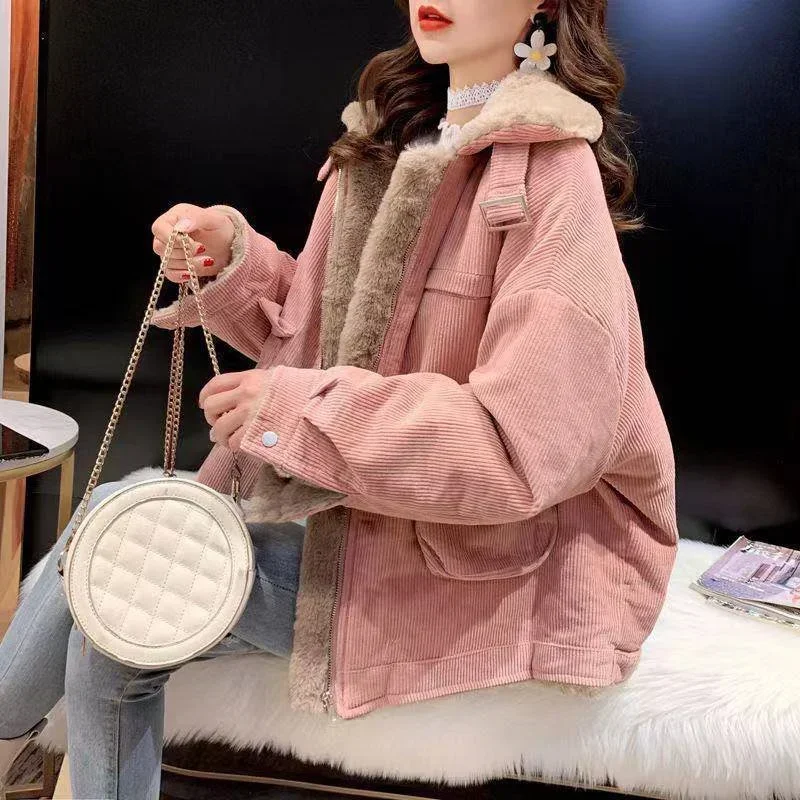 Women's Fleece Lining Zipper Lambswool Cotton Coat Autumn Winter Jacket Women Corduroy Parkas Loose Thicken Warm Short Coat C365 - Image 6