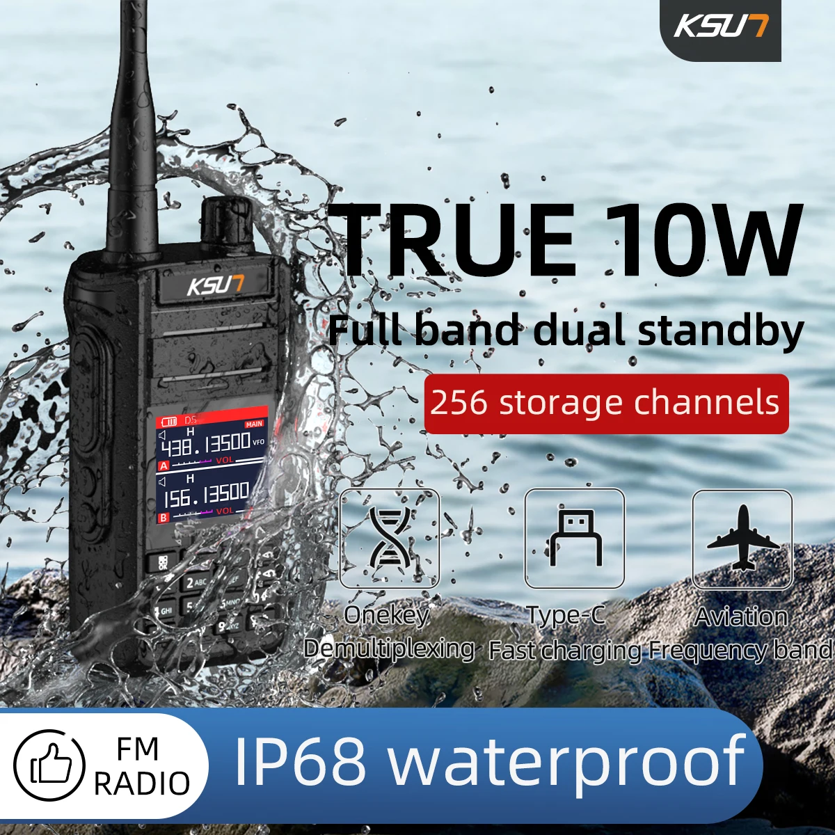 KSUN UV65P Waterproof IP68 Walkie Talkie Long Range UHF VHF FM Transceiver Communication Radio Wireless Device Two Way Radio