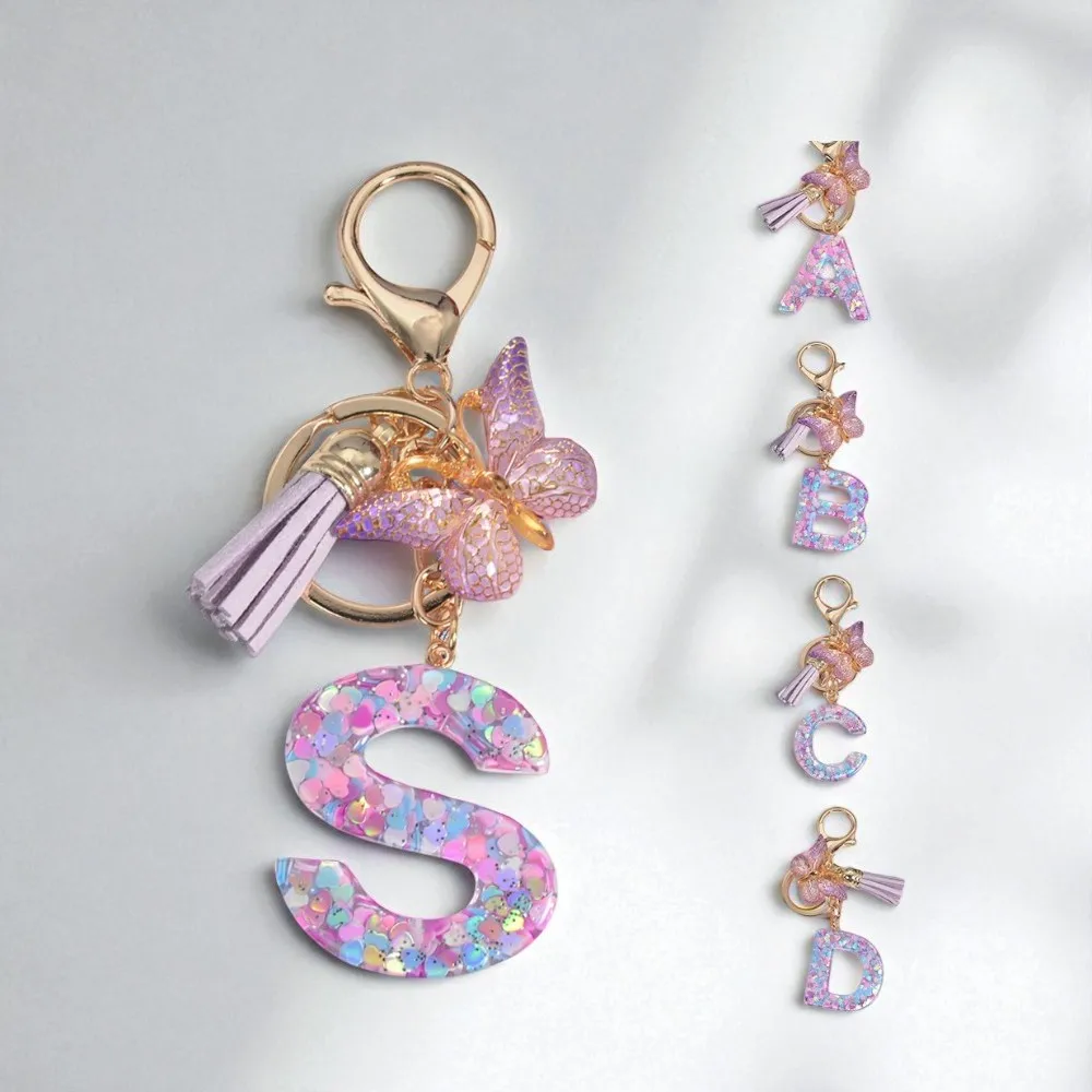 Porte-clés scintillant A-Z pour femmes et filles – Breloque pompon papillon scintillant avec strass, porte-monnaie élégant pour voiture, cadeau