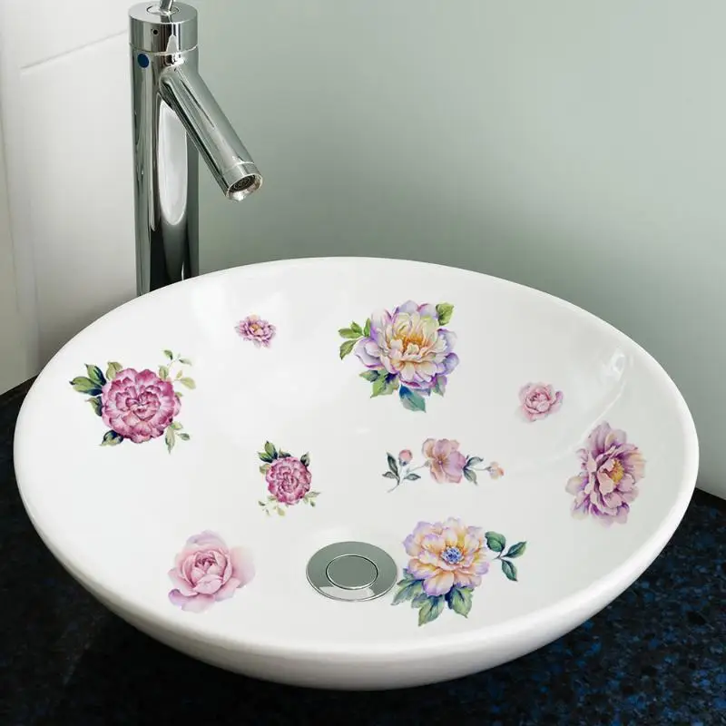 Flower Bathroom Wall Sticker Non-Damaging Pastoral Floral Decal for Sink Bathtub Apartment Bathroom Decoration