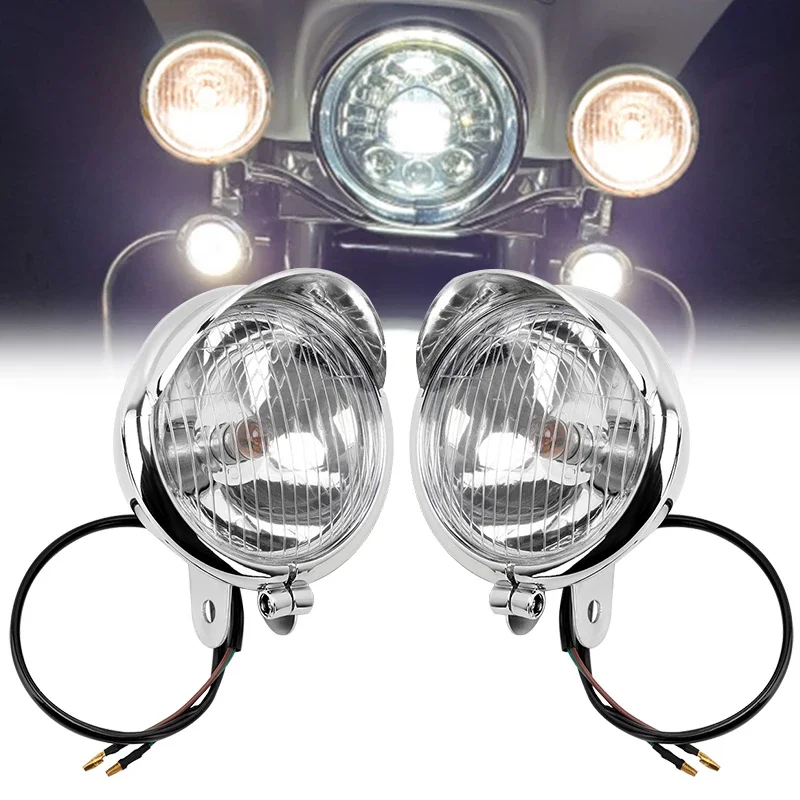 

2PCS Chrome Universal Motorcycle Fog Lights Front Headlight Lamp DC12V For Harley Bobber Chopper Cruisers Touring Custom