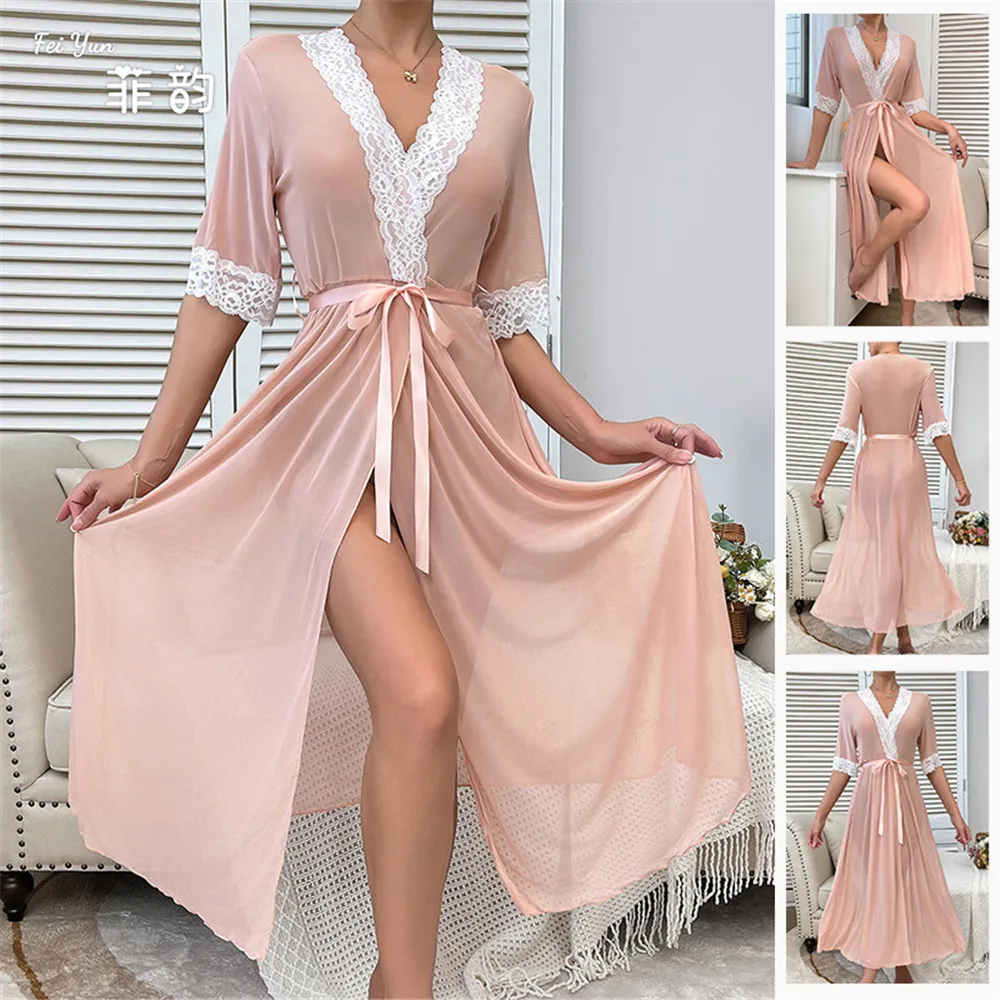

Female Long Robe Home Dress Mesh Half Sleeve Kimono Bathrobe Gown Sexy Chiffon Sleepwear Nightgown Loungewear