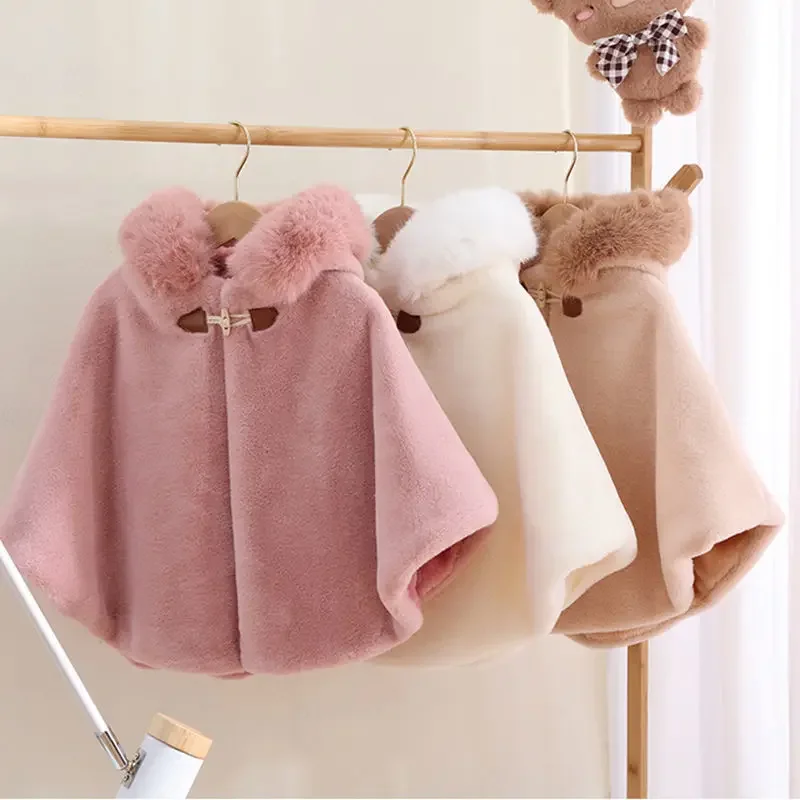 

Girls Cashmere Outerwear Trench Children Winter Shawl Cloak Baby Toddler Girl Coats Pink Velvet Cloak Jacket Thick Kid Clothing