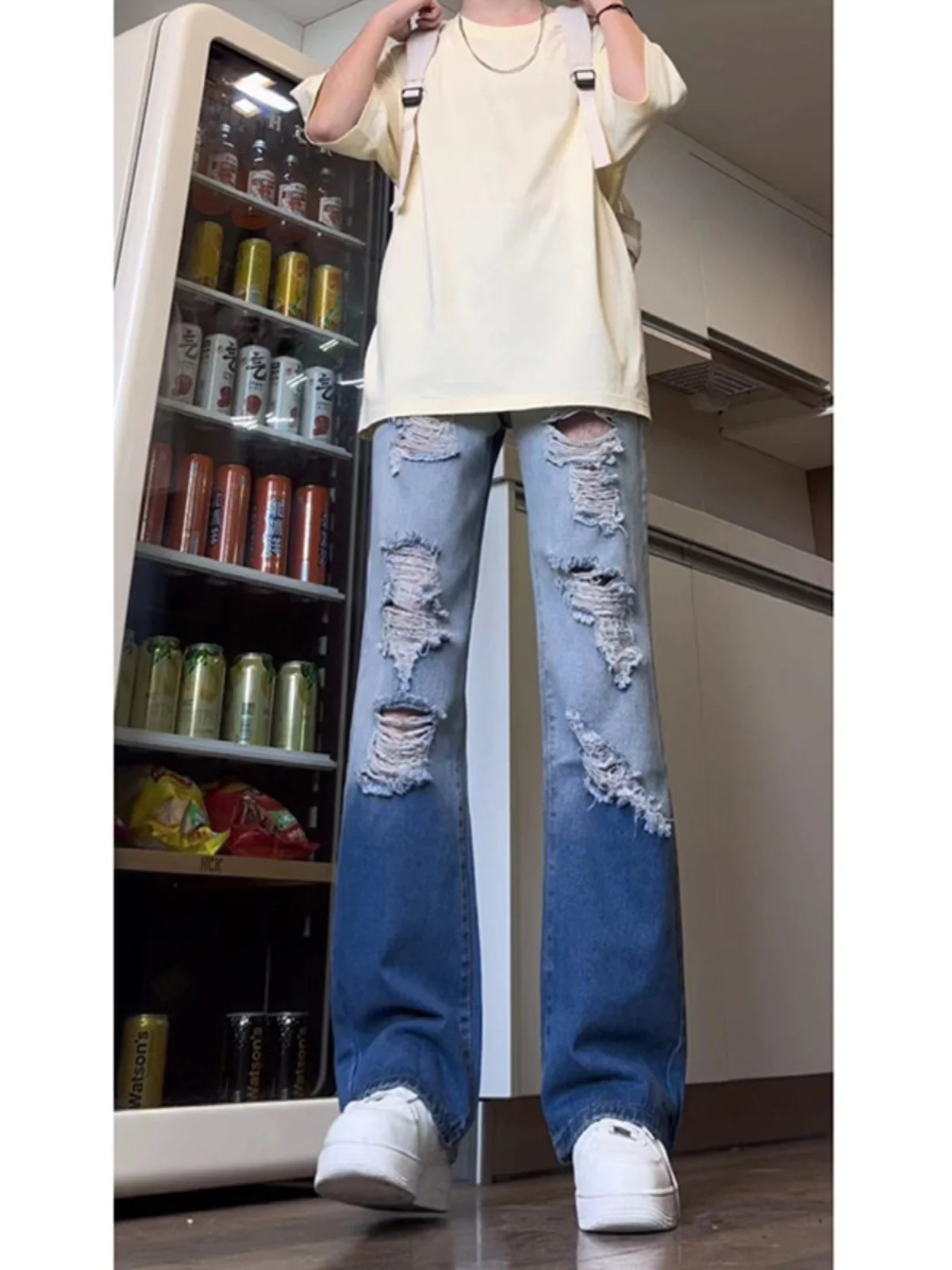 

aduated Hole Men's Jeans Straight Leg Wide Leg Pants Spring Autumn Wear Resistant Loose Fit American Sle High Street