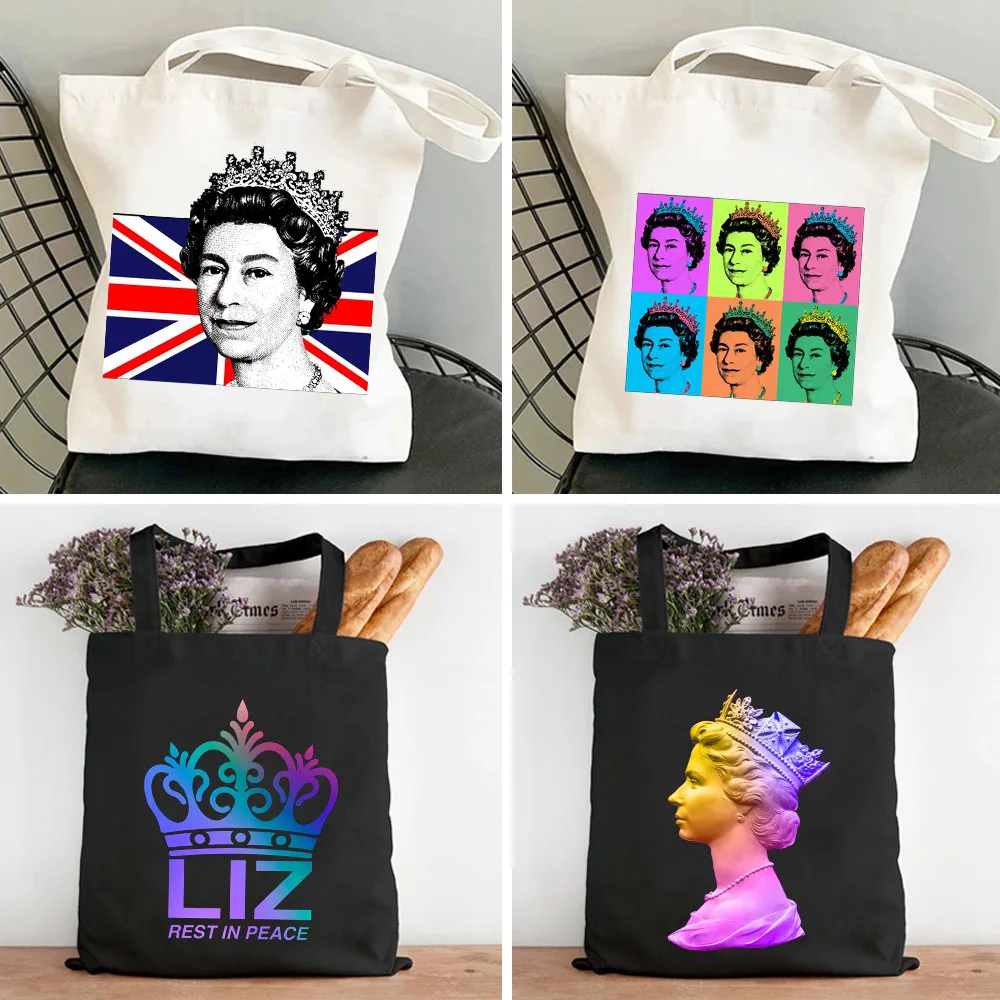 British Queen Elizabeth England Flag Platinum Jubilee Painting Women Canvas Bag Shopper Handbag Totes Shoulder Eco Shopping Bags