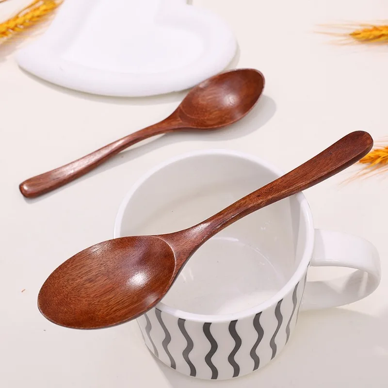 5/1Pcs Japanese Wooden Spoon Long Handle Soup Spoons Round Teaspoon for Coffee Honey Stirring Drinking Porridge Scoops Tableware