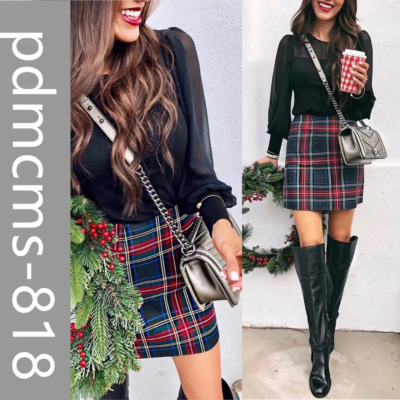 

2025 new European and American spring and autumn fashion splicing slim long-sleeved suit INS party casual plaid skirt suit women