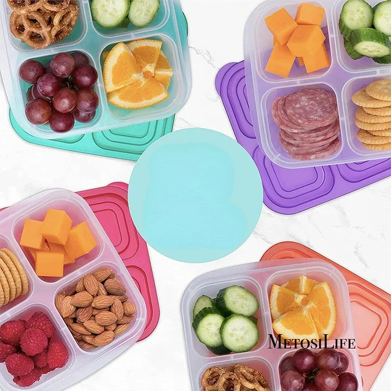 Plastic Bento Snack Box Reusable 4 Compartments Leakproof Food Meal Prep Containers for School,Work And Travel Dishwasher Safe