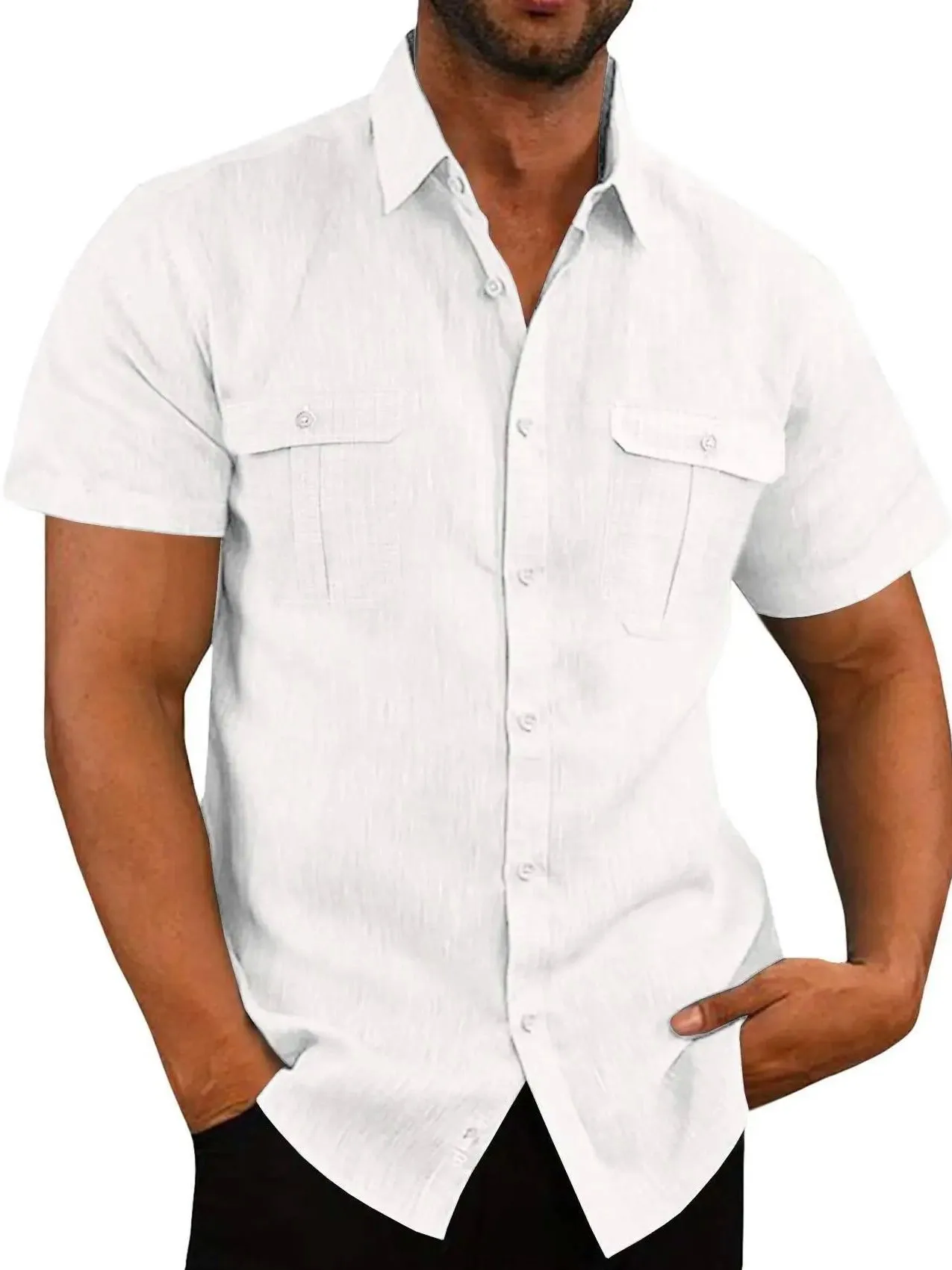 

Men's Color Pocket Lapel Shirt Fashion Urban Style Short Sleeve Polyester Polyester Fiber Casual Shirt for Daily Use