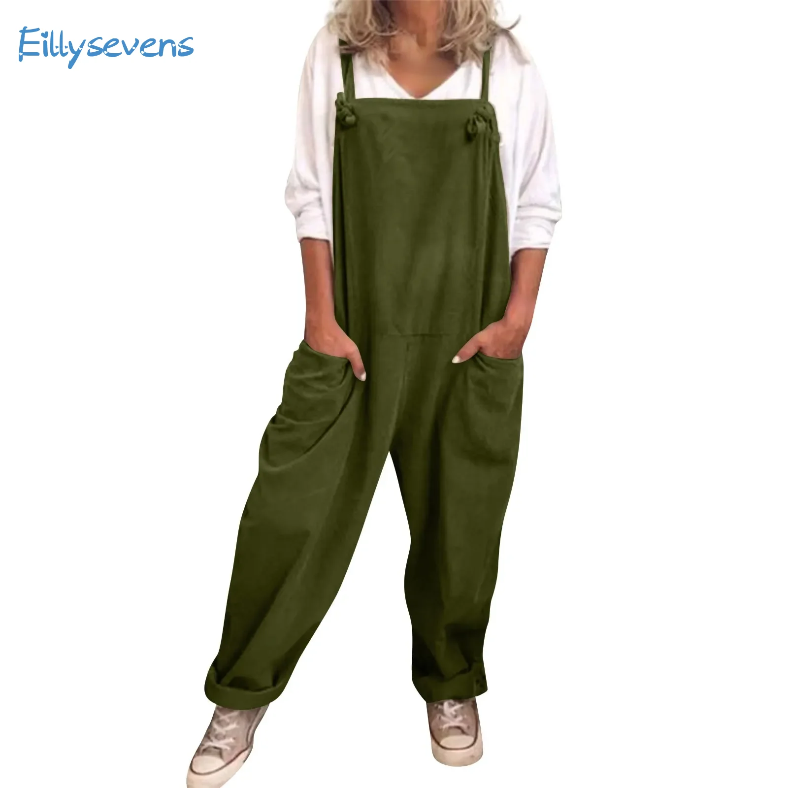 

Womens Plus Size Overalls Jumpsuits Casual Solid Color Loose Comfy Dungarees Rompers Suspender Knot Cargo Style Playsuit