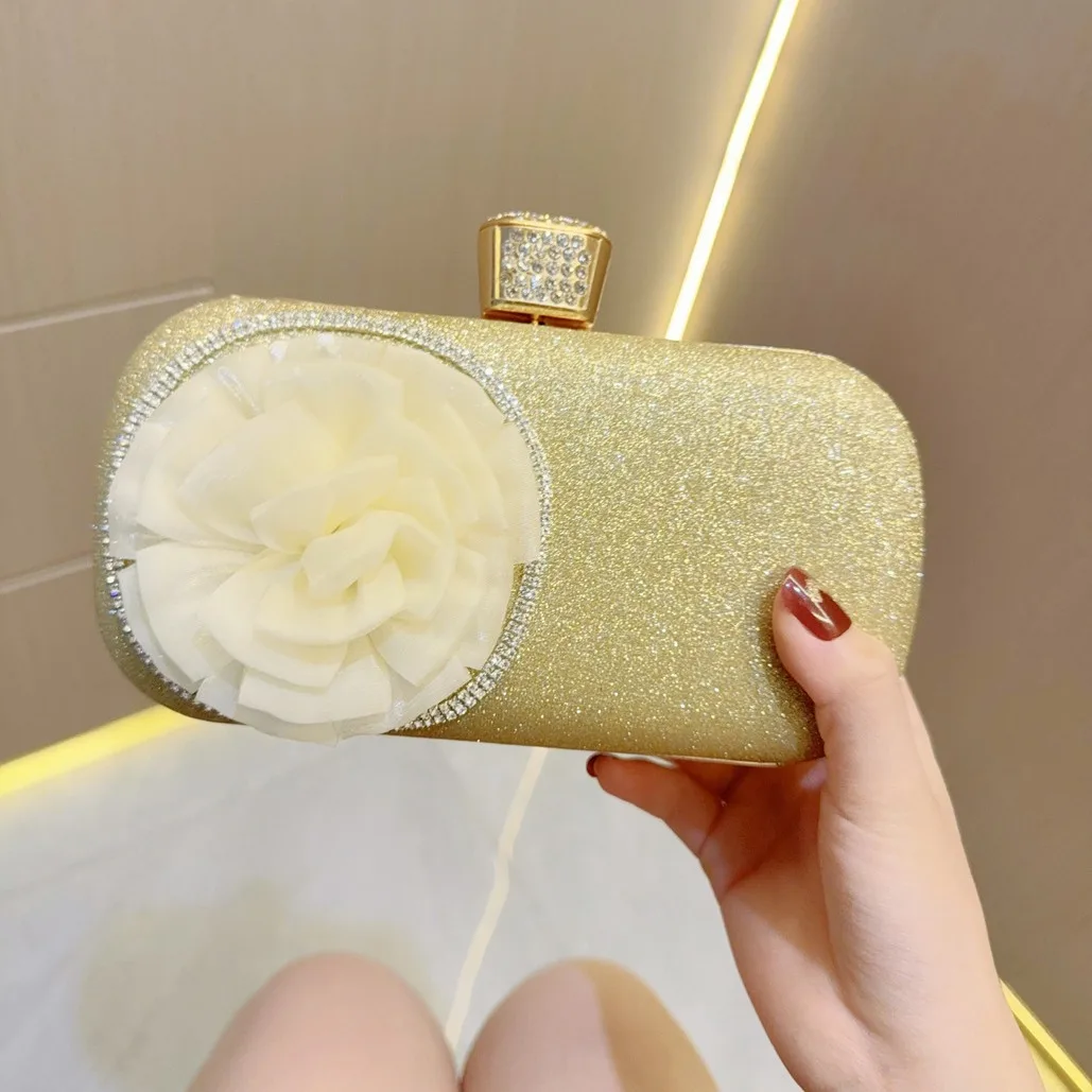 2024 New Ladies Evening Bag Fine Fashion Rhinestone Inlay Flower Small Clutches Handbag For Women Party Chain Shoulder Bag Purse