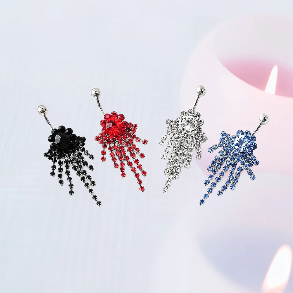 

4Pcs Belly Button Rings Steel Diamond Tassel Pendant Dangle Body Piercing Jewelry Women Fashion Belly Piercing Decoration