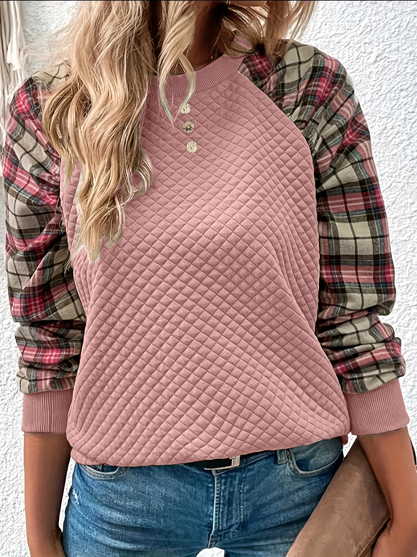 

Women's Autumn/Winter 2025 Fashionable Rhombus Checkered Patchwork Long Sleeve Round Neck Casual Sweatshirt